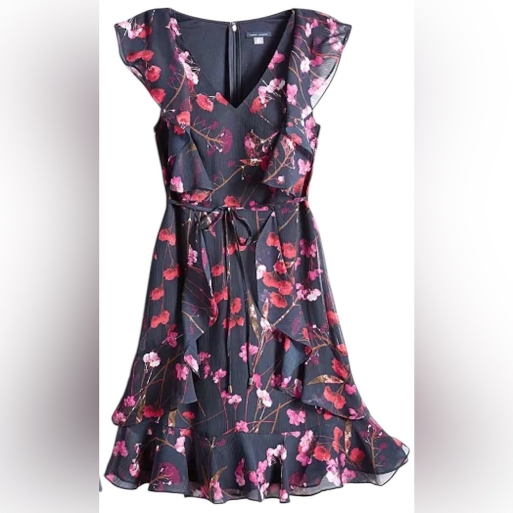 Tommy Hilfiger Blue Pink Hue Flowers Ruffled Sundress Sleeveless Tea length Sz S - Picture 3 of 8